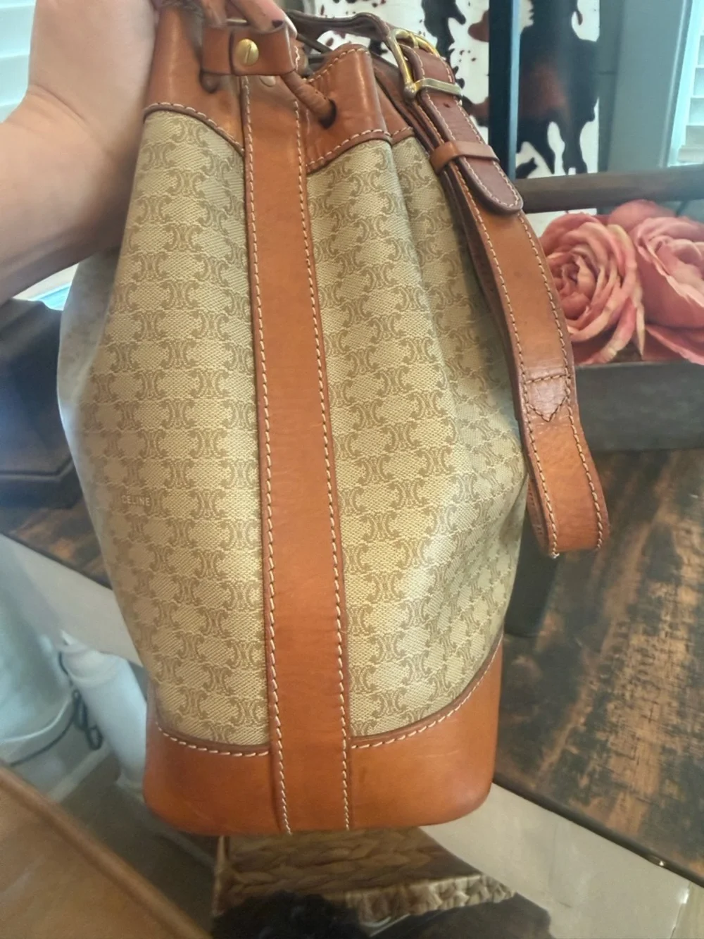 Celine Beige & Brown Canvas Bucket Shoulder Bag - Picture 8 of 12